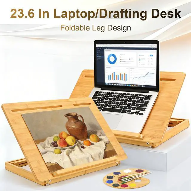 Alt view image 2 of 7 - Drawing Table Laptop Desk Adjustable Drafting Desk Foldable Bamboo Bed Tray with Tablet Slot for Adult Kids, Large