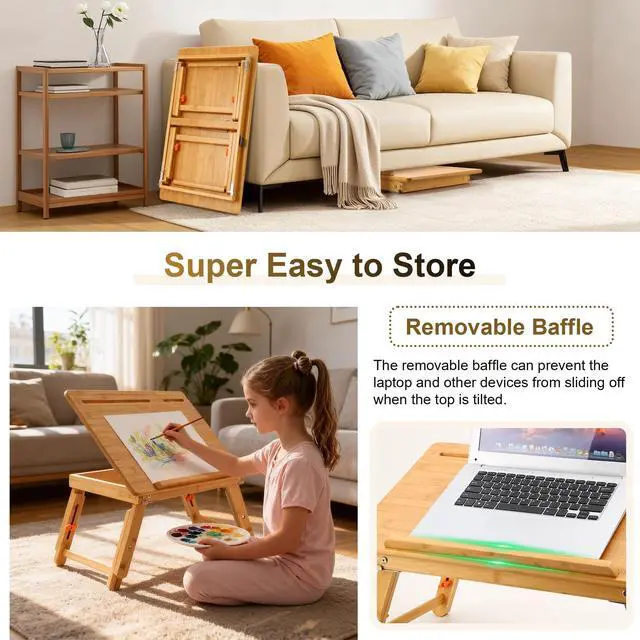 Alt view image 7 of 7 - Drawing Table Laptop Desk Adjustable Drafting Desk Foldable Bamboo Bed Tray with Tablet Slot for Adult Kids, Large