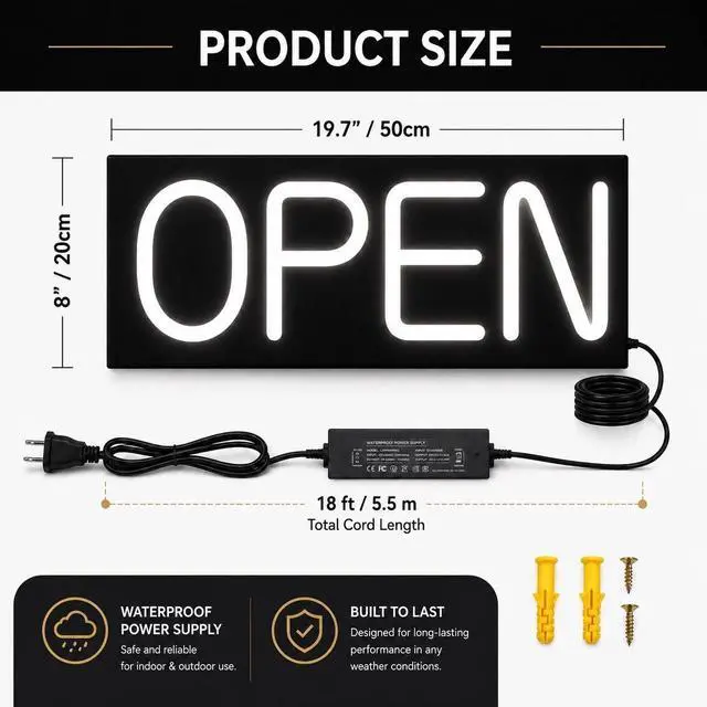 Alt view image 4 of 7 - Large Outdoor Waterproof Open Sign LED, LED Open Signs for Business, Ultra Bright Outdoor Open Sign with Waterproof Power Adapter 19.7x8