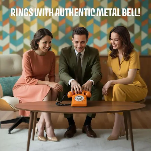 Alt view image 5 of 7 - 60s Cable - Retro Rotary Landline Phone - Vintage 1960s Antique Style Desk Telephone with Real Metal Bell - Orange