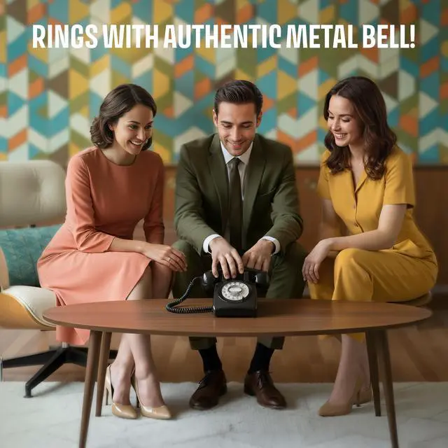 Alt view image 5 of 7 - 60s Cable - Retro Rotary Landline Phone - Vintage 1960s Antique Style Desk Telephone with Real Metal Bell - Black