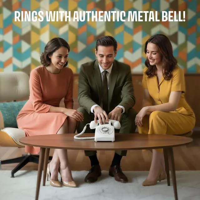 Alt view image 5 of 7 - 60s Cable - Retro Rotary Landline Phone - Vintage 1960s Antique Style Desk Telephone with Real Metal Bell - White