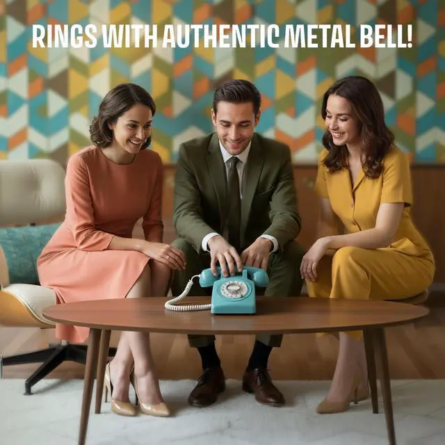 Alt view image 5 of 7 - 60s Cable - Retro Rotary Landline Phone - Vintage 1960s Antique Style Desk Telephone with Real Metal Bell - Azure