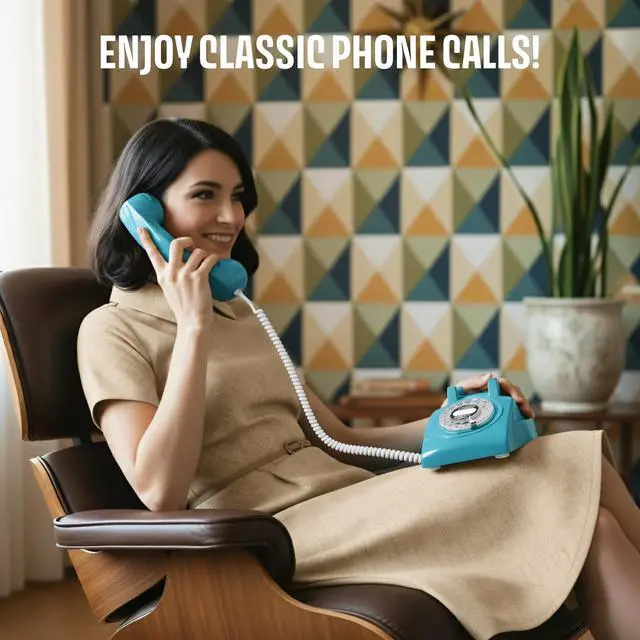 Alt view image 3 of 7 - 60s Cable - Retro Rotary Landline Phone - Vintage 1960s Antique Style Desk Telephone with Real Metal Bell - Azure