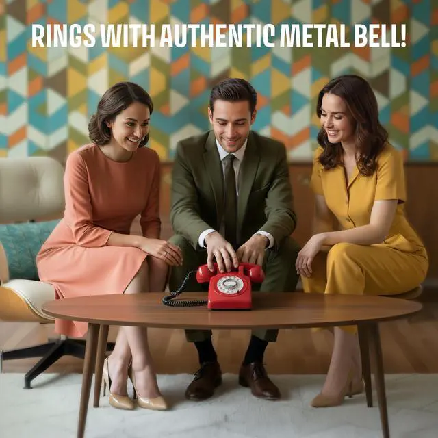 Alt view image 5 of 7 - 60s Cable - Retro Rotary Landline Phone - Vintage 1960s Antique Style Desk Telephone with Real Metal Bell - Red