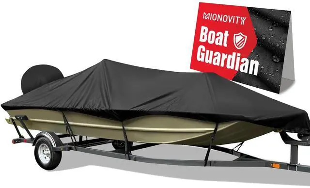 Main image of 800D Heavy Duty Waterproof Boat Cover 16-18.5ft, Black | Fits Bass/V-Hull/Runabout/Fishing/Bowrider Boats - Canvas Protective Cover with Motor Cover for 16 17 18.5 Foot Boats