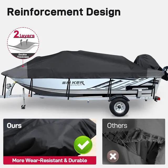 Alt view image 4 of 7 - 800D Heavy Duty Waterproof Boat Cover 16-18.5ft, Black | Fits Bass/V-Hull/Runabout/Fishing/Bowrider Boats - Canvas Protective Cover with Motor Cover for 16 17 18.5 Foot Boats