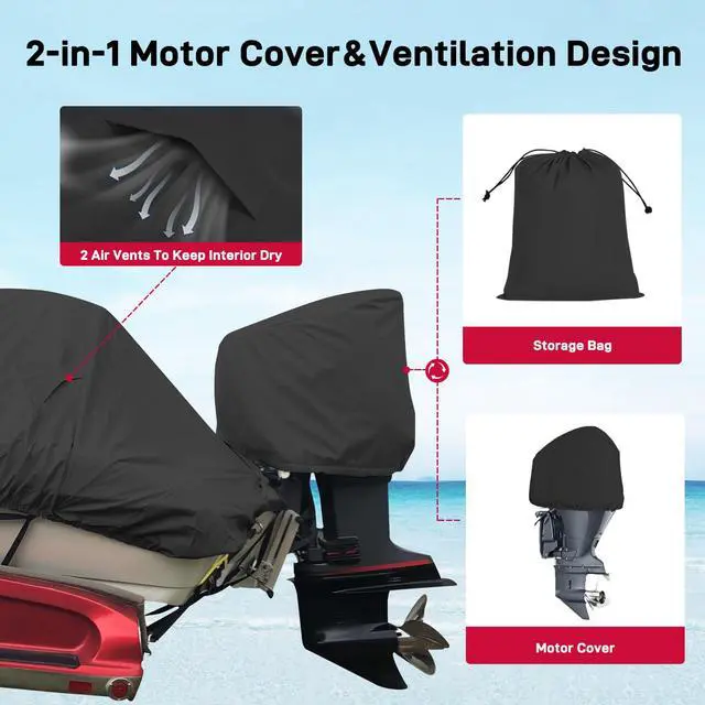 Alt view image 6 of 7 - 800D Heavy Duty Waterproof Boat Cover 16-18.5ft, Black | Fits Bass/V-Hull/Runabout/Fishing/Bowrider Boats - Canvas Protective Cover with Motor Cover for 16 17 18.5 Foot Boats