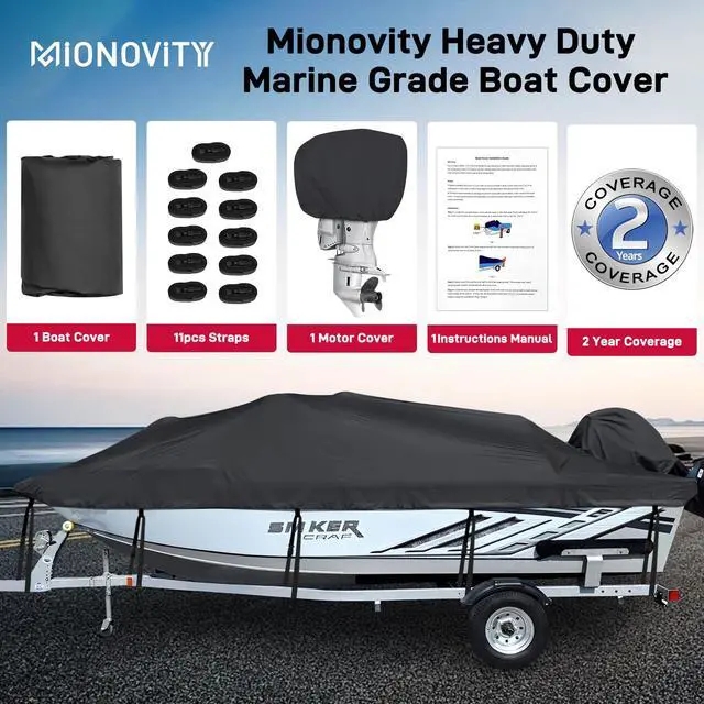 Alt view image 7 of 7 - 800D Heavy Duty Waterproof Boat Cover 16-18.5ft, Black | Fits Bass/V-Hull/Runabout/Fishing/Bowrider Boats - Canvas Protective Cover with Motor Cover for 16 17 18.5 Foot Boats