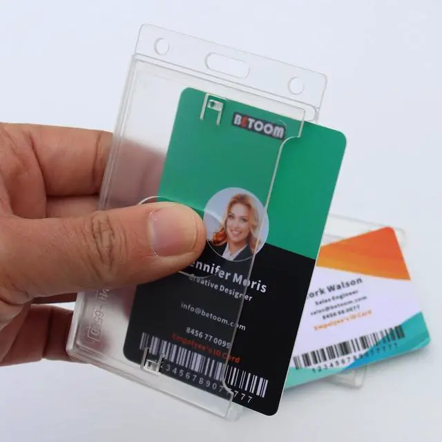 Alt view image 2 of 7 - Bulk 50 Pack Vertical Hard Plastic Badge Holder, Frosted Clear | Heavy Duty ABS, Easy Thumb Access, RFID Compatible ID Card Protector for Lanyard, Reel, Employees, Medical, School