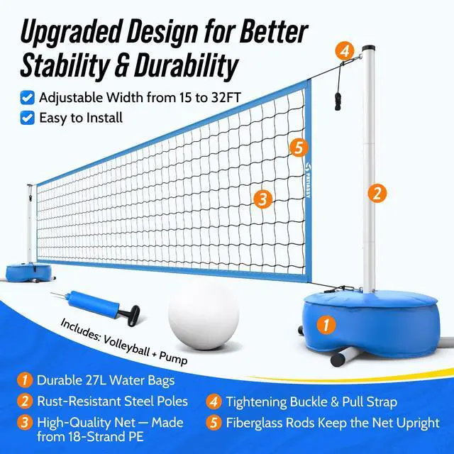 Alt view image 2 of 7 - Pool Volleyball Net for Inground Pools, Adjustable 15-32ft Length Volleyball Set for Poolside with Weighted Base and Ball, Professional Heavy Duty System for Swimming Pool Games