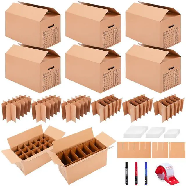 Main image of Kitchen Moving Boxes with Handle Hole Kit, 24 x 12 x 12 Inch, Included Glassware Moving Divider Kits Foam Pouches Cup and Plate Box Tape Rolls for Kitchen Packing Transportation