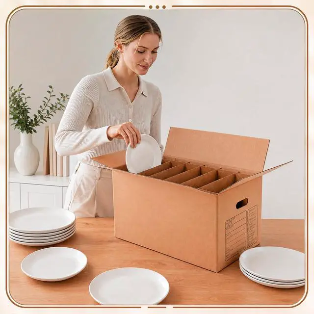 Alt view image 6 of 7 - Kitchen Moving Boxes with Handle Hole Kit, 24 x 12 x 12 Inch, Included Glassware Moving Divider Kits Foam Pouches Cup and Plate Box Tape Rolls for Kitchen Packing Transportation