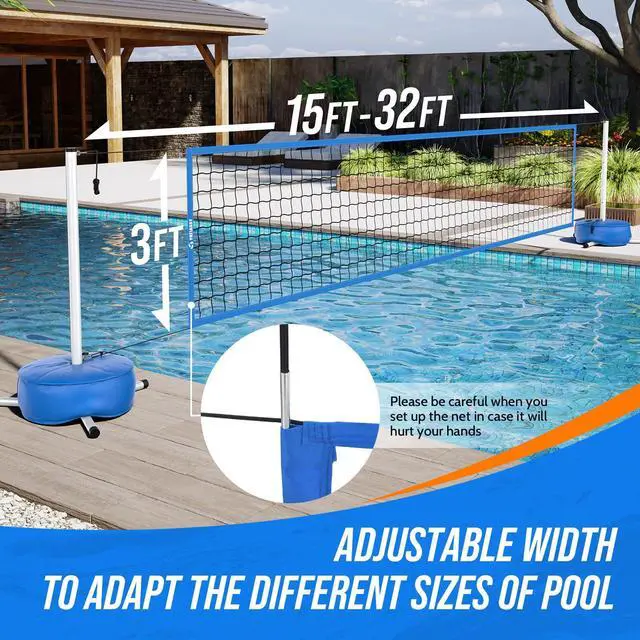 Alt view image 3 of 7 - Pool Volleyball Net for Inground Pools, Adjustable 15-32ft Length Volleyball Set for Poolside with Weighted Base and Ball, Professional Heavy Duty System for Swimming Pool Games