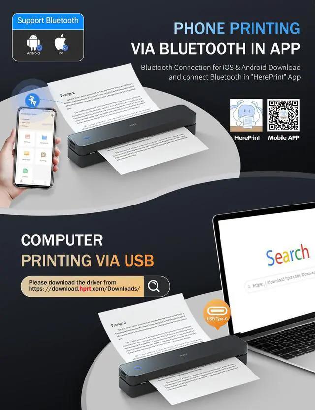 Alt view image 2 of 7 - MT610 Portable A4 Thermal Printer, Inkless Bluetooth Printer for Phone | 8.5 x 11" US Letter Support, USB PC Printing, Truck Drivers, Field Service, Business Travel, Remote Work, Small Home Offices