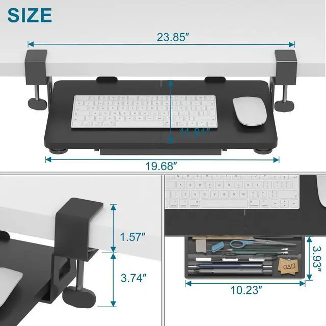 Alt view image 3 of 7 - Keyboard Tray Under Desk, 19.7" X 11.81" Small Size Keyboard Drawer with C Clamp-on Mount Easy to Install, Computer Keyboard Stand Slide Pull Out, Ergonomic Keyboard Tray for Home & Office, Black