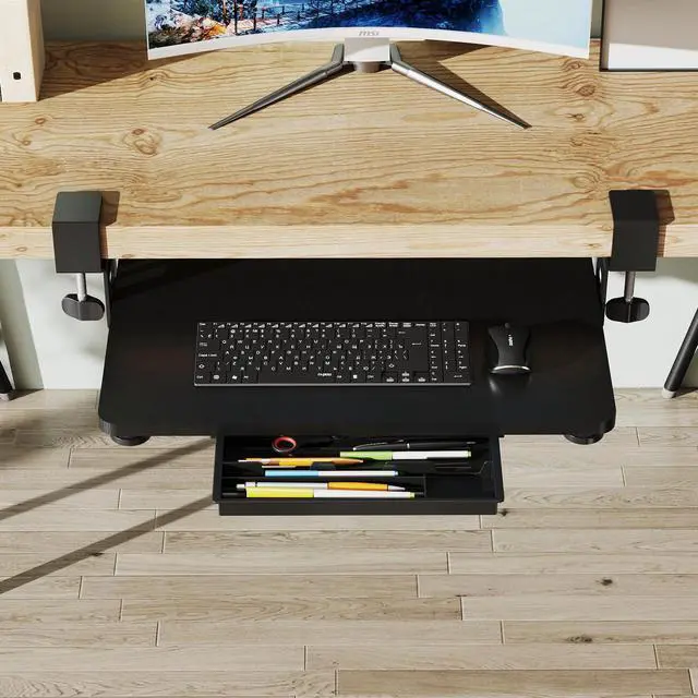 Alt view image 4 of 7 - Keyboard Tray Under Desk, 19.7" X 11.81" Small Size Keyboard Drawer with C Clamp-on Mount Easy to Install, Computer Keyboard Stand Slide Pull Out, Ergonomic Keyboard Tray for Home & Office, Black