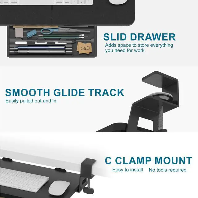 Alt view image 5 of 7 - Keyboard Tray Under Desk, 19.7" X 11.81" Small Size Keyboard Drawer with C Clamp-on Mount Easy to Install, Computer Keyboard Stand Slide Pull Out, Ergonomic Keyboard Tray for Home & Office, Black
