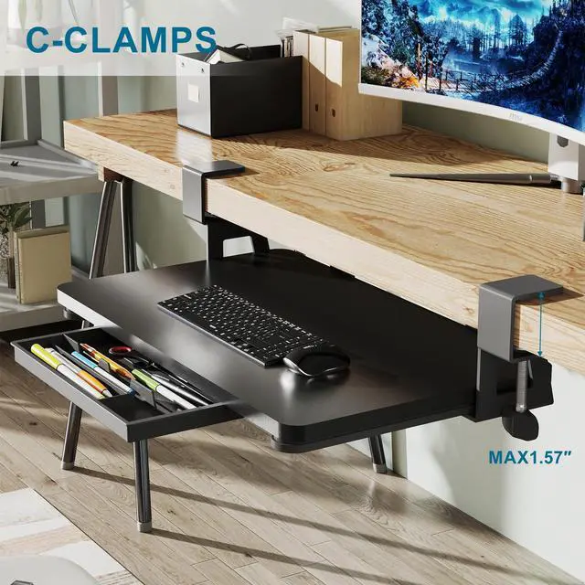 Alt view image 6 of 7 - Keyboard Tray Under Desk, 19.7" X 11.81" Small Size Keyboard Drawer with C Clamp-on Mount Easy to Install, Computer Keyboard Stand Slide Pull Out, Ergonomic Keyboard Tray for Home & Office, Black