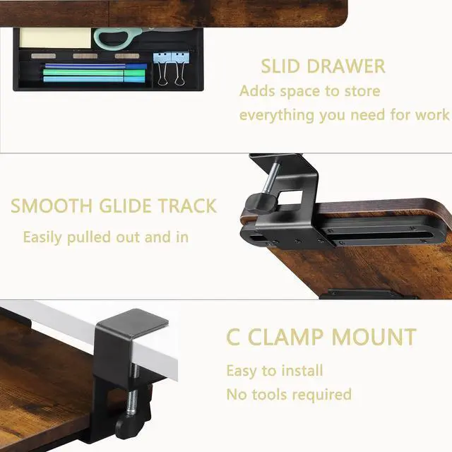 Alt view image 3 of 7 - Keyboard Tray Under Desk, 19.7" X 11.81" Small Size Keyboard Drawer with C Clamp-on Mount Easy to Install, Computer Keyboard Stand Slide Pull Out, Ergonomic Keyboard Tray for Home, Office