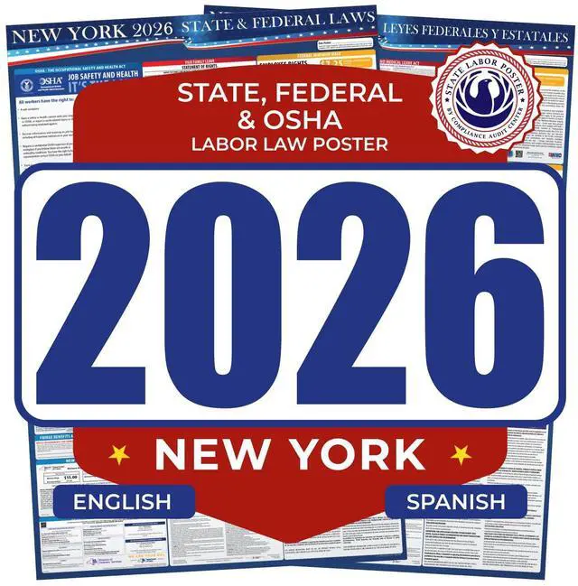 Main image of 2026 New York State & Federal Mandatory Labor Law Poster, OSHA Compliant (English Spanish Combo)
