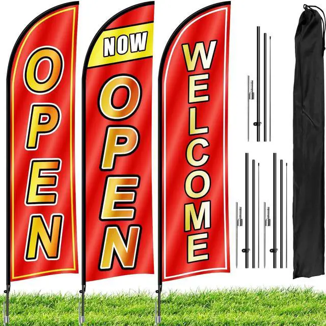 Main image of 3 Sets Open Feather Flag Pole Kit, 9.2 Feet Tall Grand Opening Flag, Sign Advertising Flag Banner, Now Open Theme Feather Flags with Ground Stake and Portable Bag for Outside Ground