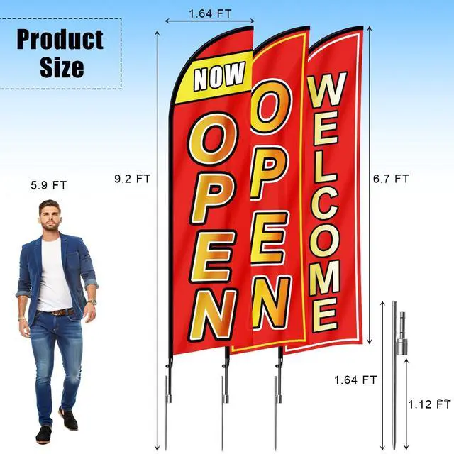 Alt view image 3 of 7 - 3 Sets Open Feather Flag Pole Kit, 9.2 Feet Tall Grand Opening Flag, Sign Advertising Flag Banner, Now Open Theme Feather Flags with Ground Stake and Portable Bag for Outside Ground