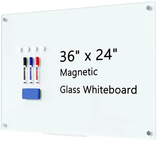 Main image of Magnetic Glass Whiteboard for Wall, 36" x 24" Large Dry Erase Board, Frameless Wall-Mounted White Board School, Classroom, Office & Home