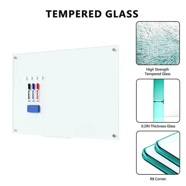 Alt view image 3 of 7 - Magnetic Glass Whiteboard for Wall, 36" x 24" Large Dry Erase Board, Frameless Wall-Mounted White Board School, Classroom, Office & Home