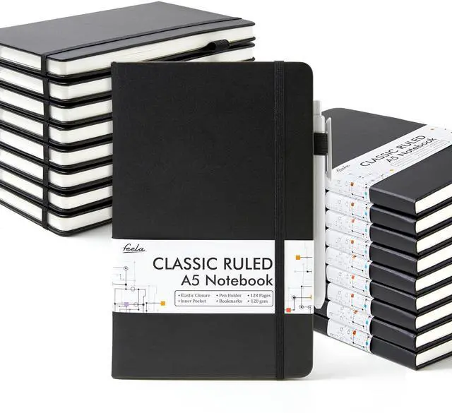 Main image of 18 Pack Journal Notebook for Work, Business Notebook Bulk Hardcover Lined Writing Journal with Pen Holder for Men Women Note Taking, with 18 Black Pens, 120 GSM, 5.1x8.3, A5, Black