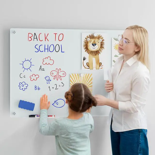 Alt view image 7 of 7 - Magnetic Glass Whiteboard for Wall, 36" x 24" Large Dry Erase Board, Frameless Wall-Mounted White Board School, Classroom, Office & Home