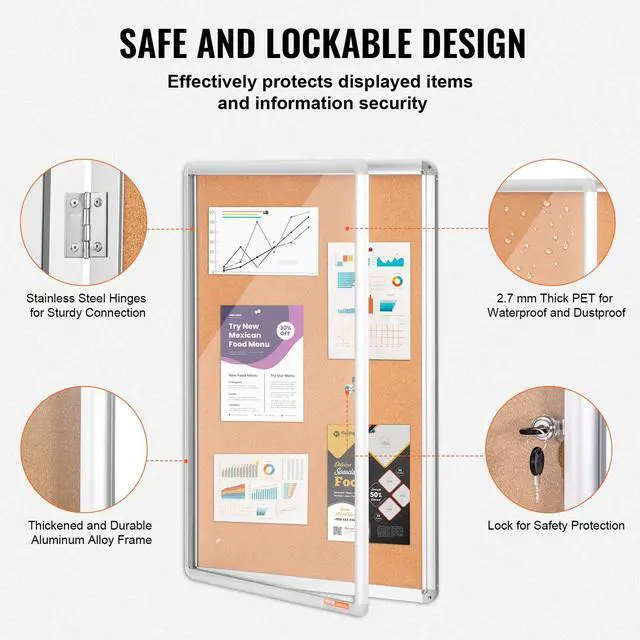 Alt view image 3 of 7 - 36"x24" Enclosed Cork Board with Aluminum Frame Lockable Bulletin Board with Acrylic Door & 2 Keys Weather-Resistant Wall Display Case for School, Home, Office