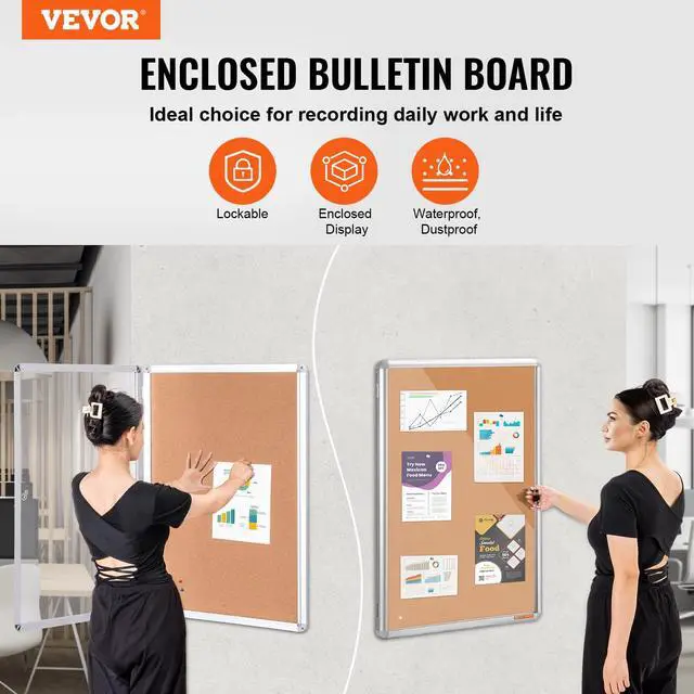 Alt view image 2 of 7 - 36"x24" Enclosed Cork Board with Aluminum Frame Lockable Bulletin Board with Acrylic Door & 2 Keys Weather-Resistant Wall Display Case for School, Home, Office