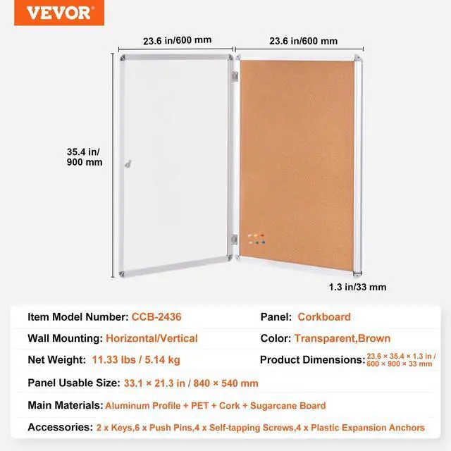 Alt view image 7 of 7 - 36"x24" Enclosed Cork Board with Aluminum Frame Lockable Bulletin Board with Acrylic Door & 2 Keys Weather-Resistant Wall Display Case for School, Home, Office