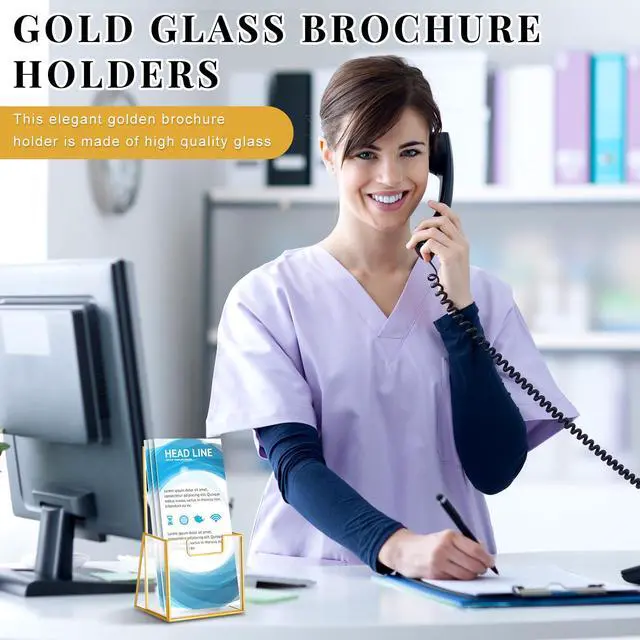 Alt view image 2 of 7 - 6 Pcs Gold Glass Brochure Holder for 4 Inch Pamphlets Trifold Literature Holder Tabletop Clear Stand Pamphlet Flyer Brochure Display Stand for Magazine Booklets Menu Journals