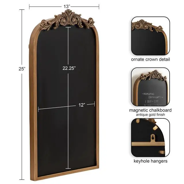 Alt view image 2 of 7 - Arendahl Decorative Vintage Arch Chalkboard; 13 x 25; Gold; Framed Arched Ornate Magnetic Chalkboard for Unique Display; Decoration; and Organization