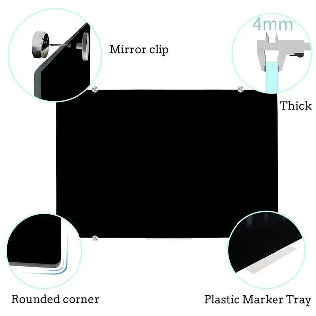 Alt view image 2 of 7 - Magnetic Black Glass Dry Erase Board, 90 x 60 cm, Modern Tempered Glass Whiteboard for Wall, Frameless White Board with Marker Tray, 4 Markers, 2 Magnets, 1 Eraser