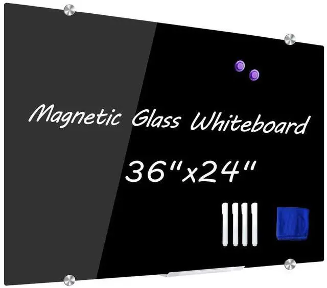 Main image of Magnetic Black Glass Dry Erase Board, 90 x 60 cm, Modern Tempered Glass Whiteboard for Wall, Frameless White Board with Marker Tray, 4 Markers, 2 Magnets, 1 Eraser