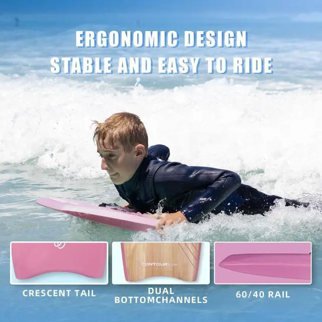 Alt view image 3 of 7 - Reed Body Board 33 Inches Bodyboard Body Boards for Beach Kids Lightweight EPS Core Dual Channel Double Swivel Coiled Wrist Leash for All Surfing Levels