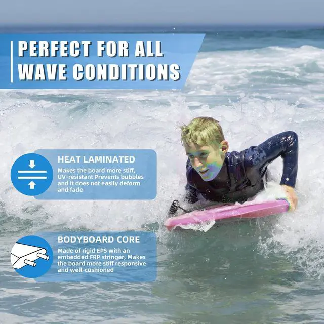 Alt view image 5 of 7 - Reed Body Board 33 Inches Bodyboard Body Boards for Beach Kids Lightweight EPS Core Dual Channel Double Swivel Coiled Wrist Leash for All Surfing Levels
