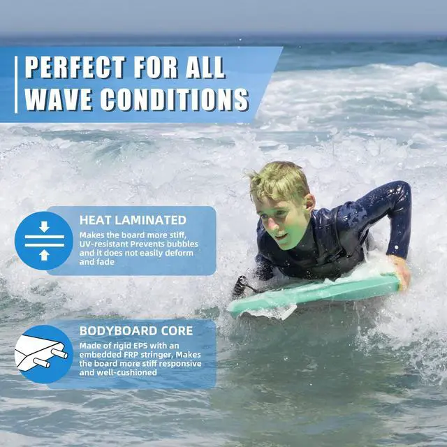 Alt view image 5 of 6 - Reed Body Board 33 Inches Bodyboard Body Boards for Beach Kids Lightweight EPS Core Dual Channel Double Swivel Coiled Wrist Leash for All Surfing Levels