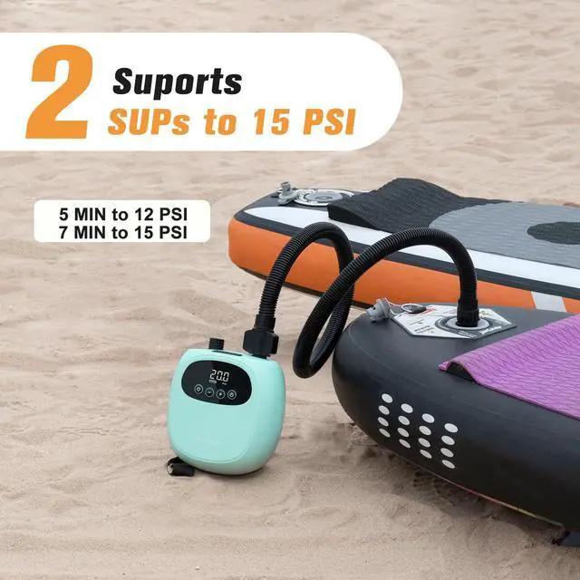 Alt view image 3 of 7 - Paddle Board Electric Pump, Rechargeable Battery-Powered Auto-Off | 20 PSI Portable Cordless Dual-Stage Inflation/Deflation, with 7 Valve Adapters, Inflatables for Kayaks, Wind Wings, SUPs