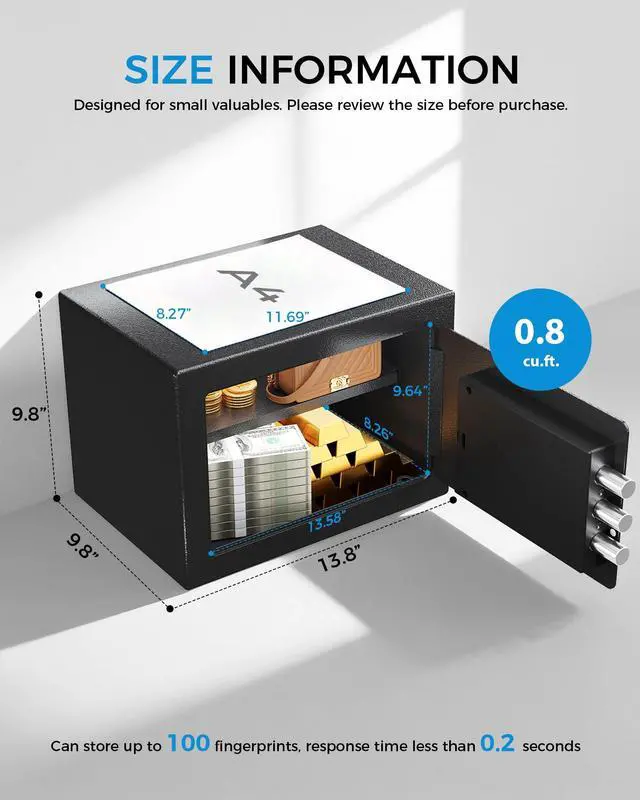 Alt view image 2 of 7 - Safe Box 0.8 Cubic Feet for College Dorm Room with Electronic Keypad & Fingerprint, Shelf, Wall Mount Kit, Hidden Home Safe for Money, Jewelry & Documents
