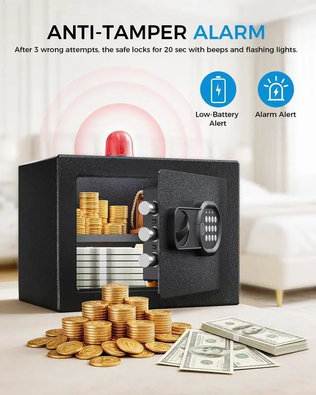 Alt view image 4 of 7 - Safe Box 0.8 Cubic Feet for College Dorm Room with Electronic Keypad & Fingerprint, Shelf, Wall Mount Kit, Hidden Home Safe for Money, Jewelry & Documents