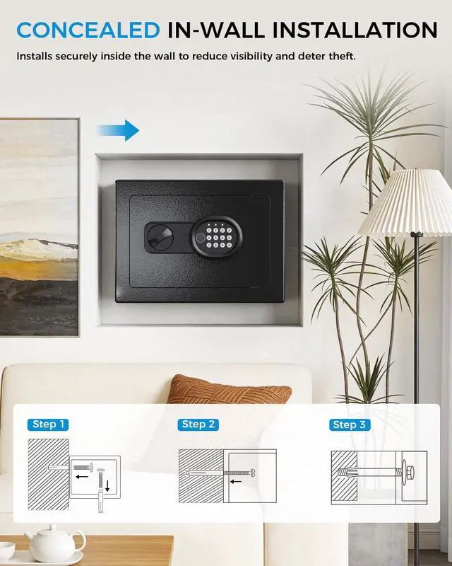 Alt view image 7 of 7 - Safe Box 0.8 Cubic Feet for College Dorm Room with Electronic Keypad & Fingerprint, Shelf, Wall Mount Kit, Hidden Home Safe for Money, Jewelry & Documents