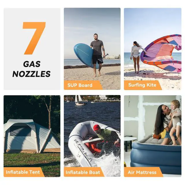 Alt view image 7 of 7 - Paddle Board Electric Pump, Rechargeable Battery-Powered Auto-Off | 20 PSI Portable Cordless Dual-Stage Inflation/Deflation, with 7 Valve Adapters, Inflatables for Kayaks, Wind Wings, SUPs