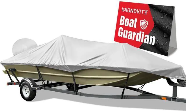 Main image of 800D Heavy Duty Waterproof Boat Cover 16-18.5 ft, Grey | Fits Bass/V-Hull/Runabout/Fishing/Bowrider Boats - Canvas Protective Cover with Motor Cover for 16 17 18.5 Foot Boats