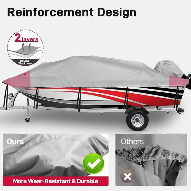 Alt view image 4 of 7 - 800D Heavy Duty Waterproof Boat Cover 16-18.5 ft, Grey | Fits Bass/V-Hull/Runabout/Fishing/Bowrider Boats - Canvas Protective Cover with Motor Cover for 16 17 18.5 Foot Boats