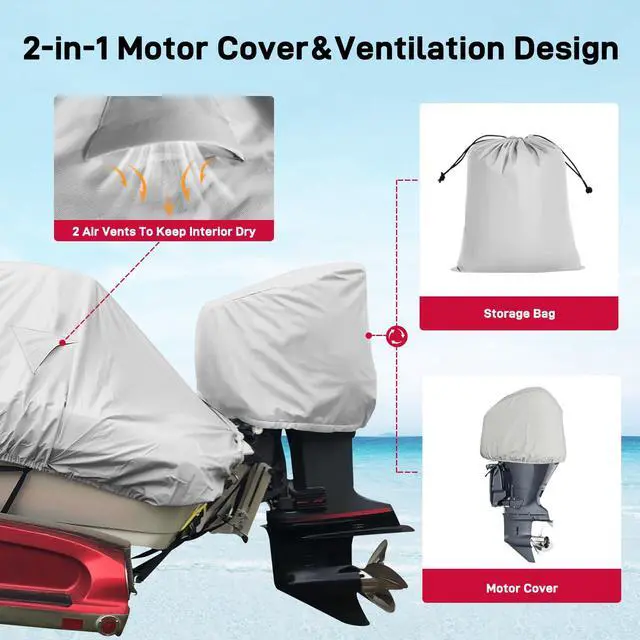Alt view image 6 of 7 - 800D Heavy Duty Waterproof Boat Cover 16-18.5 ft, Grey | Fits Bass/V-Hull/Runabout/Fishing/Bowrider Boats - Canvas Protective Cover with Motor Cover for 16 17 18.5 Foot Boats