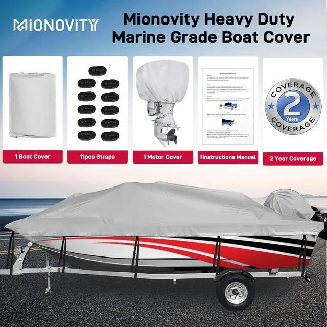 Alt view image 7 of 7 - 800D Heavy Duty Waterproof Boat Cover 16-18.5 ft, Grey | Fits Bass/V-Hull/Runabout/Fishing/Bowrider Boats - Canvas Protective Cover with Motor Cover for 16 17 18.5 Foot Boats
